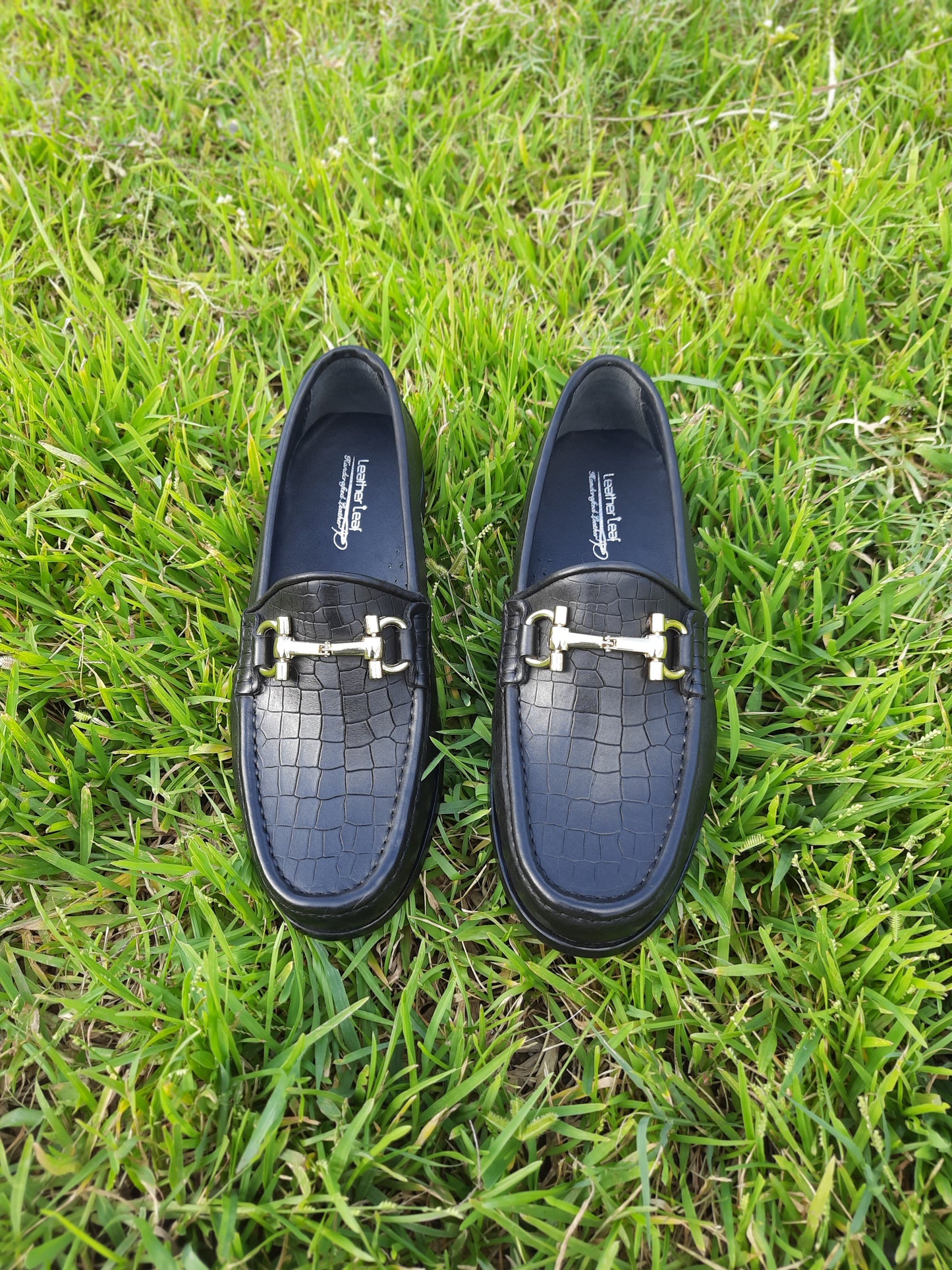 Moccasins Black with Crocodile Print in Leather Sole with Heavy Buckle