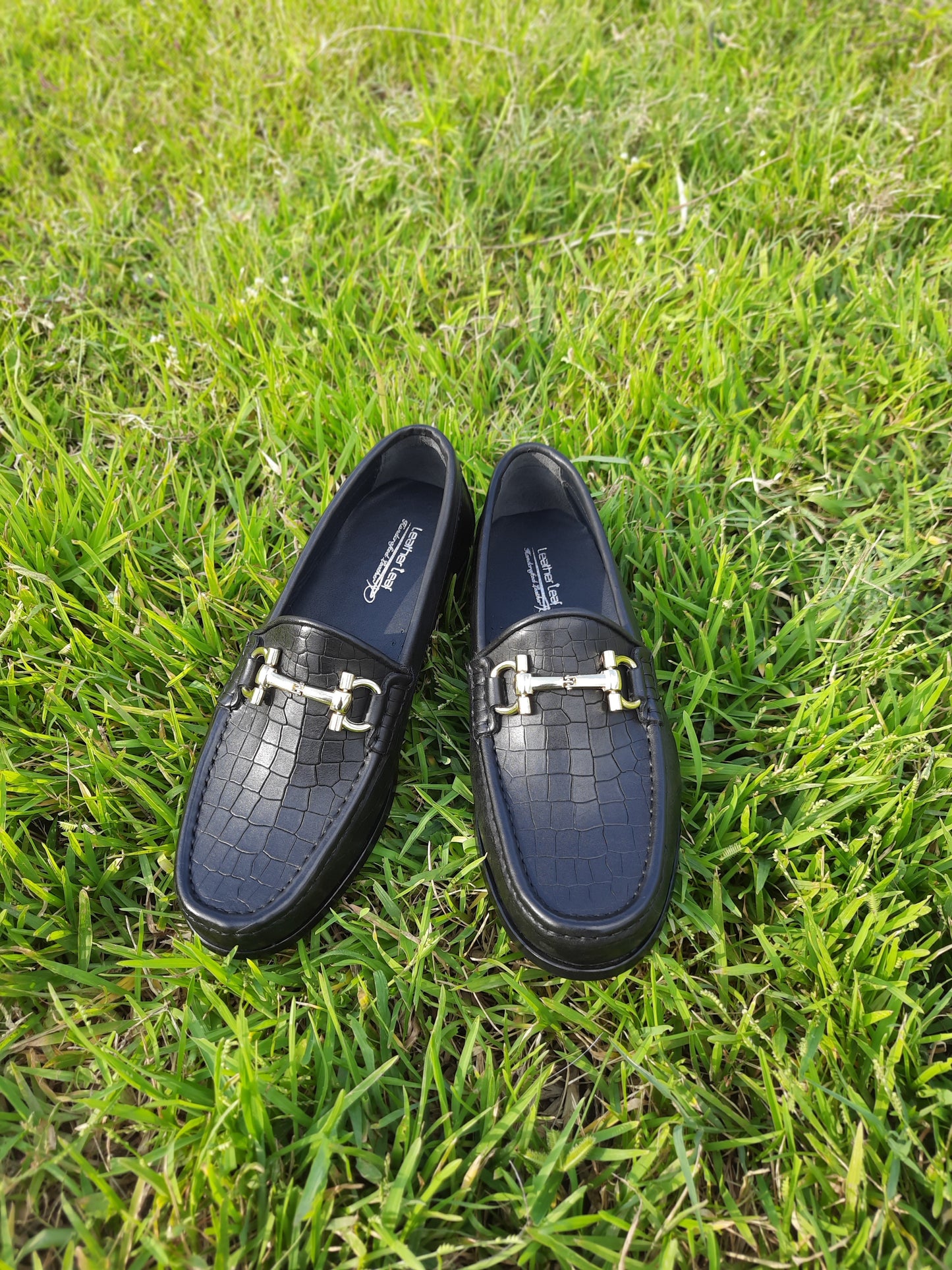 Moccasins Black with Crocodile Print in Leather Sole with Heavy Buckle