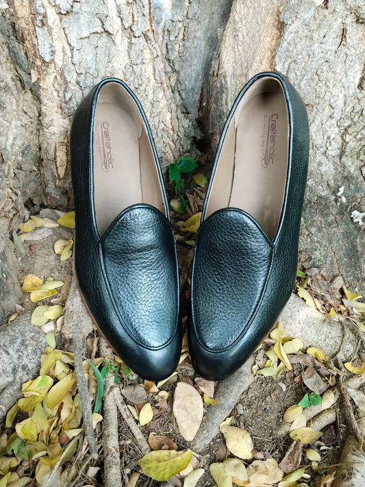 Belgian Loafer in Natural Milled Leather Black with Leather Sole