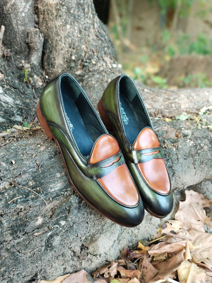 Belgian Loafer with Green & Tan Combination in Leather Sole Patina Finished