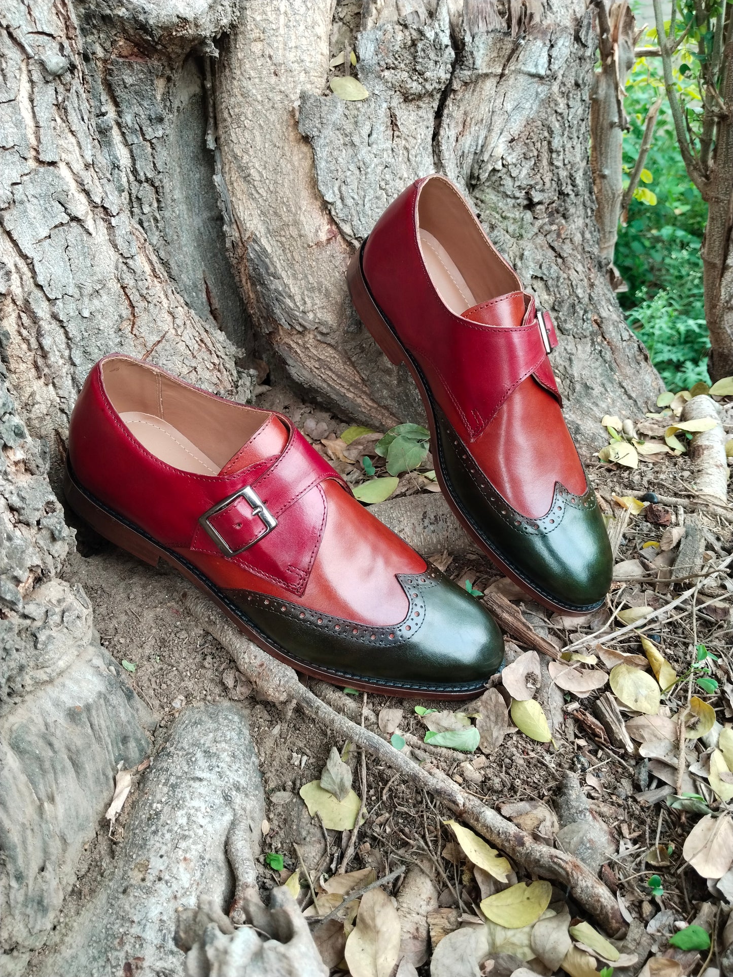 Tri Coloured Patina Single Monk Shoes