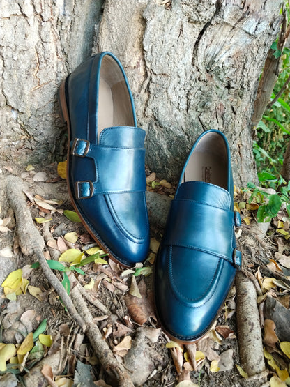 Slip Ons With Double Monk Blue Colour in Leather Sole