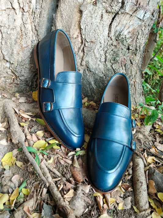 Slip Ons With Double Monk Blue Colour in Leather Sole