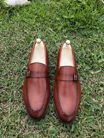 Slip Ons With Single Strap Tan Colour in Leather Sole