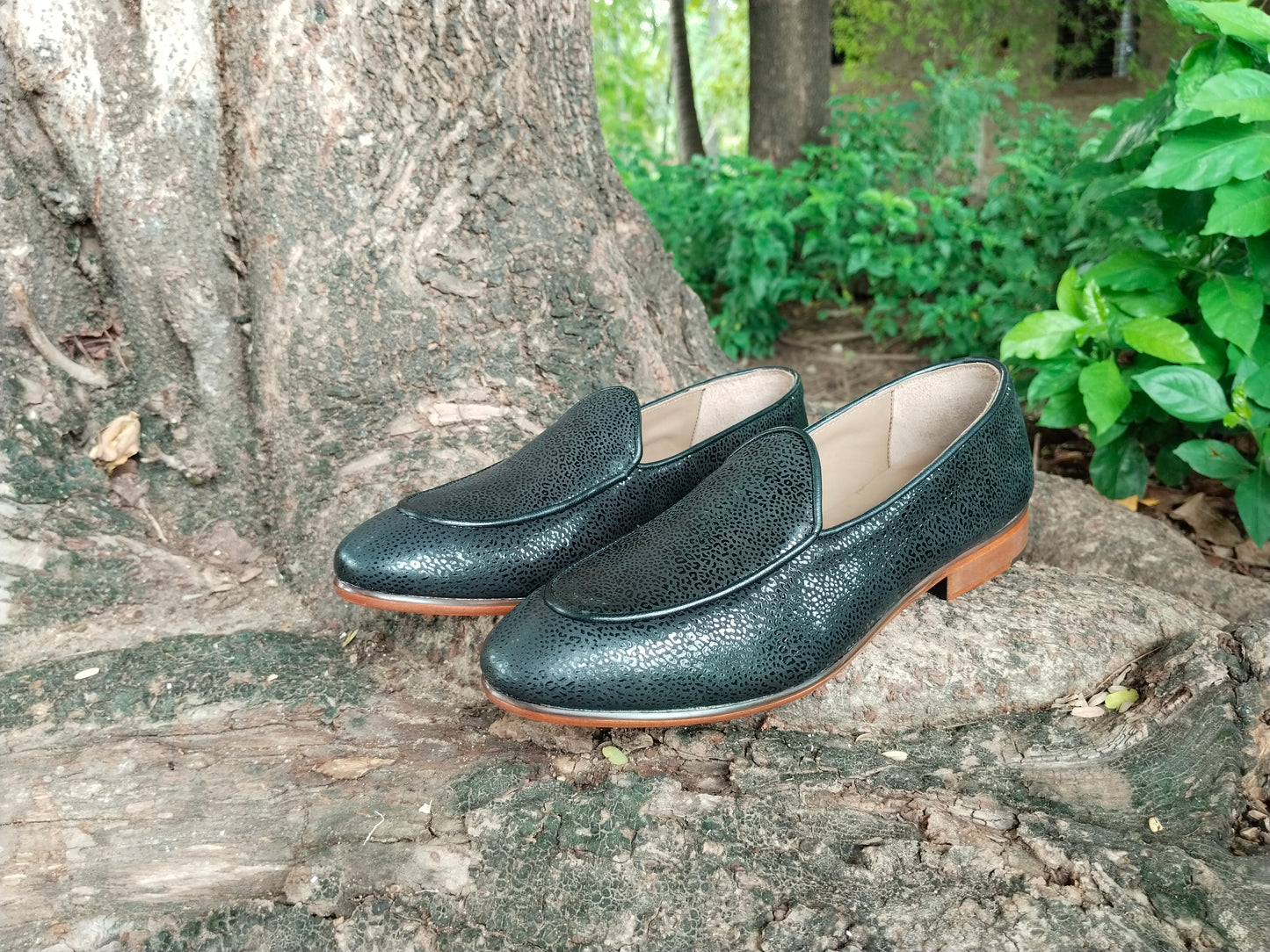 Luxury Foil Print Belgian Loafers in Leather Sole