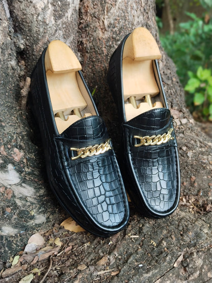 Black Crocodile Moccasins with Gold Colour Chain in Leather Sole