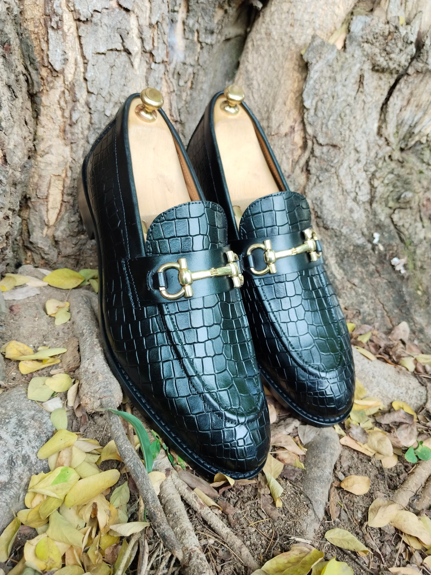 Black Crocodile Print Slipons With Buckle in Leather Sole