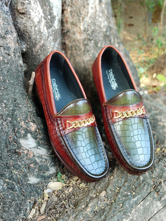 Moccasins Crocodile Printed in Tan & Green Combination in Leather Sole