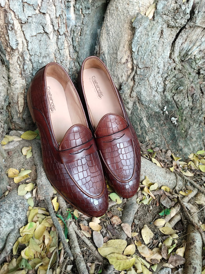 Belgian Loafer in Penny Saddle With Crocodile Print & Leather Sole