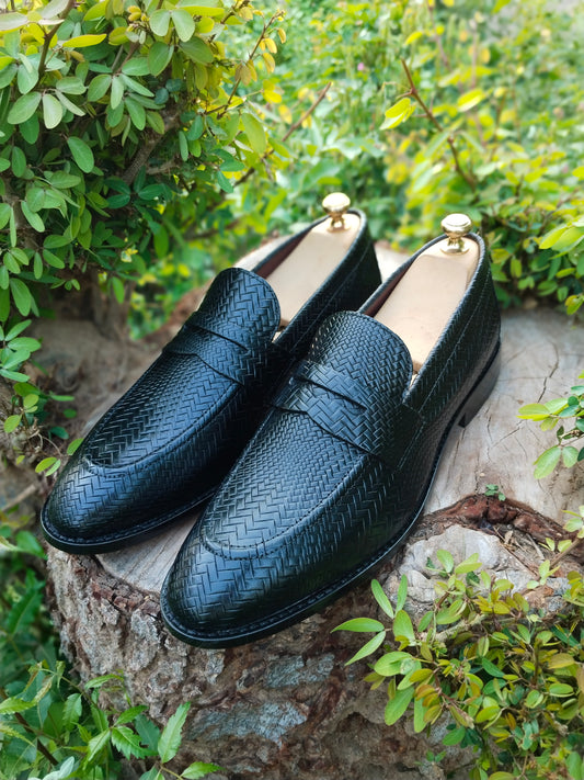 Black Penny Loafer with Meshed Print in Natural Leather with Leather Sole