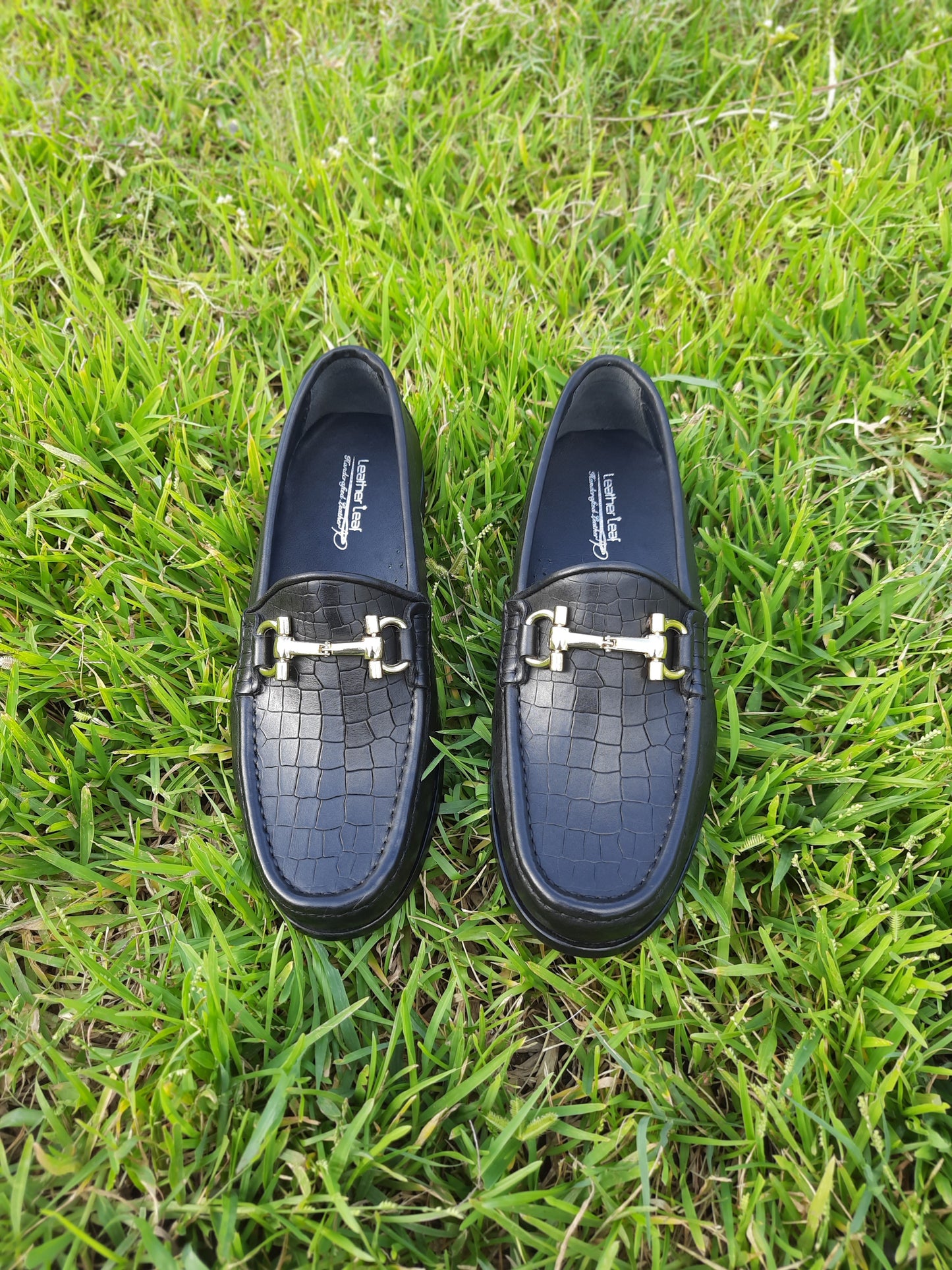 Moccasins  Black with Crocodile Print in Leather Sole with Heavy Buckle