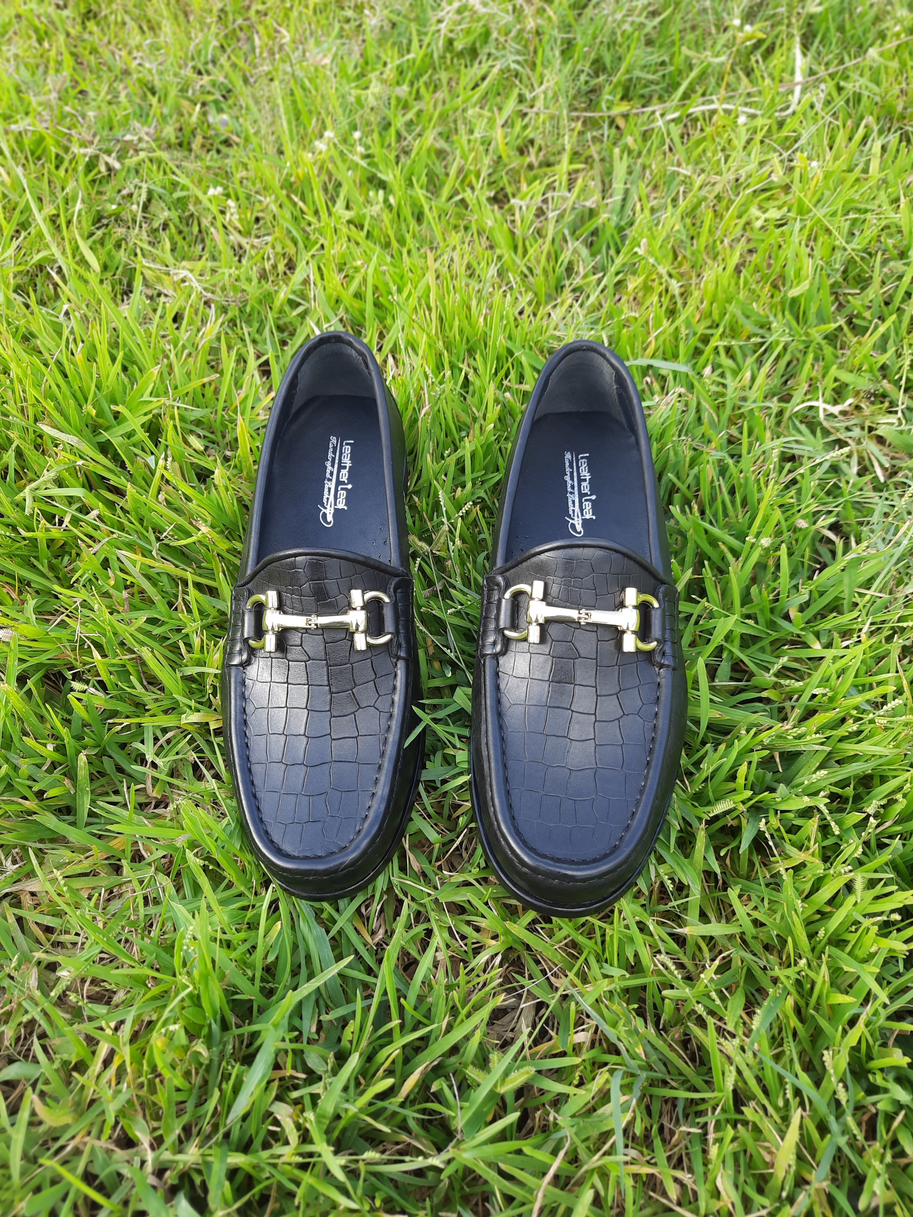 Moccasins  Black with Crocodile Print in Leather Sole with Heavy Buckle
