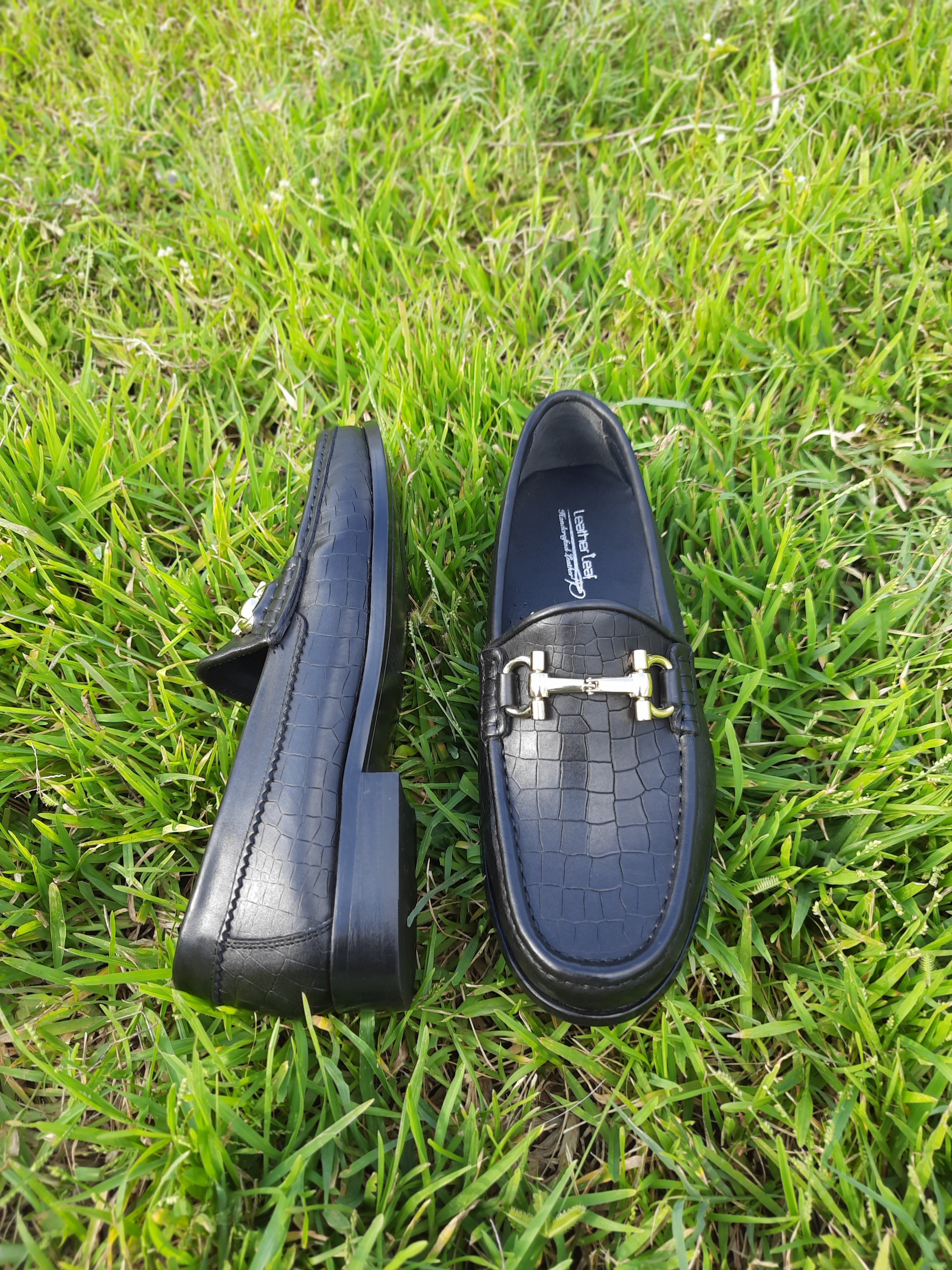 Moccasins  Black with Crocodile Print in Leather Sole with Heavy Buckle