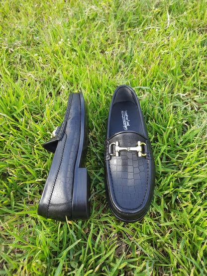 Moccasins  Black with Crocodile Print in Leather Sole with Heavy Buckle