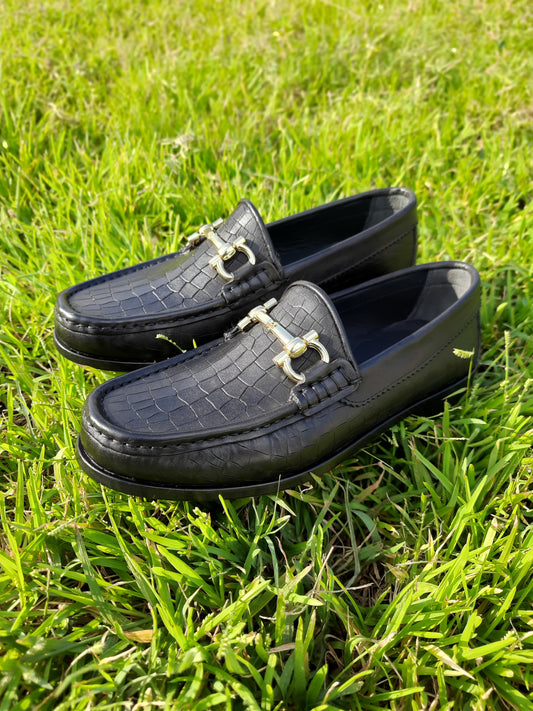 Moccasins  Black with Crocodile Print in Leather Sole with Heavy Buckle