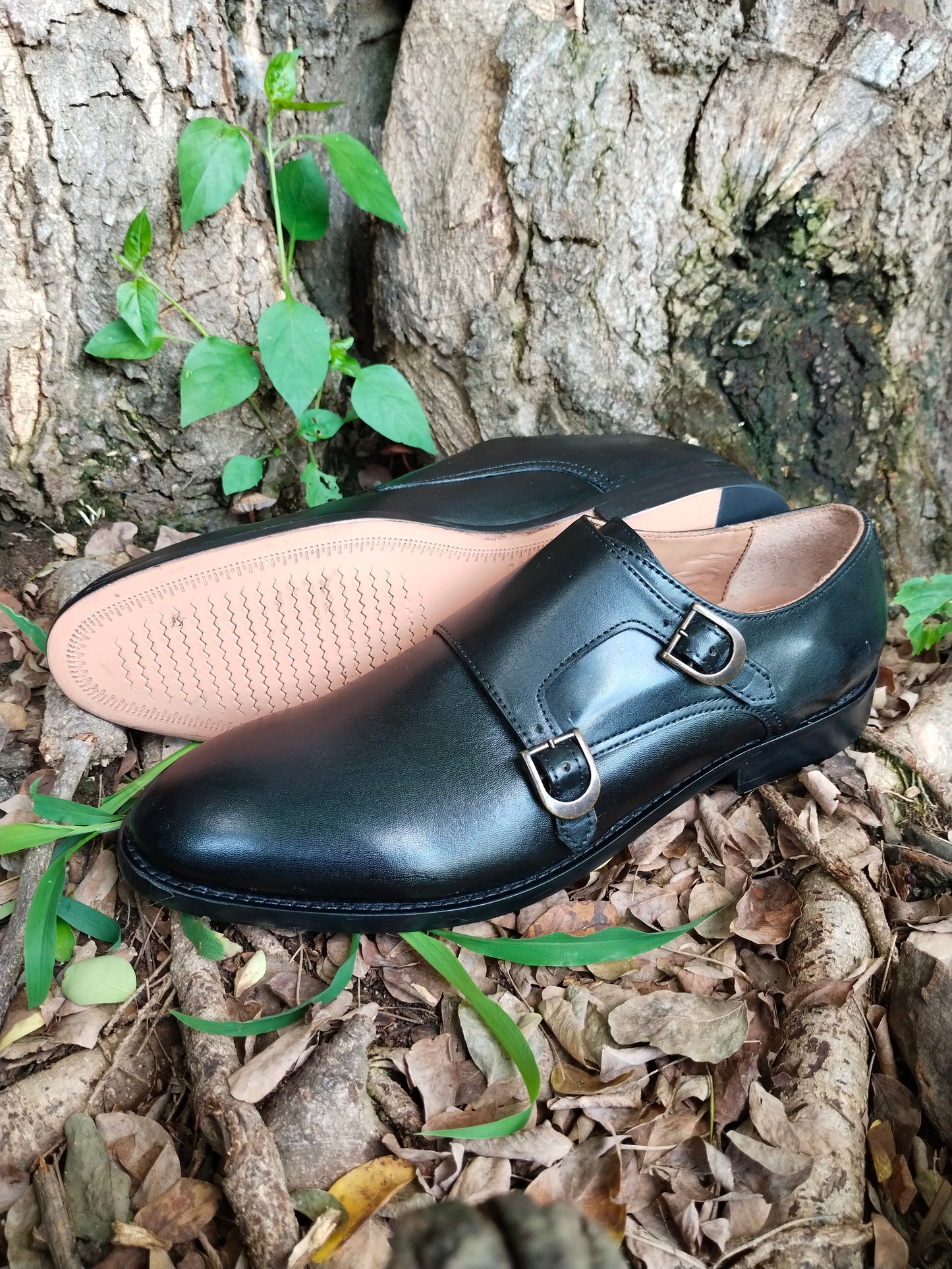 Double Monk Black in Leather Sole