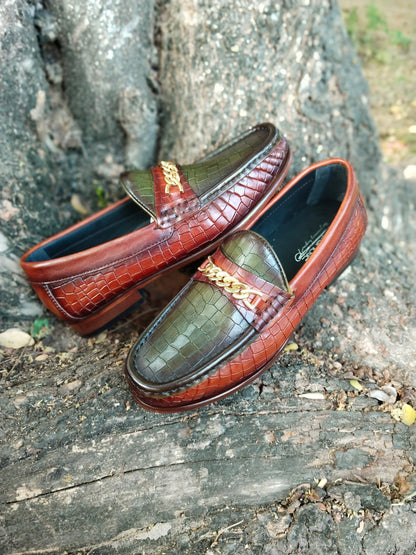 Moccasins Crocodile Printed in Tan & Green Combination in Leather Sole