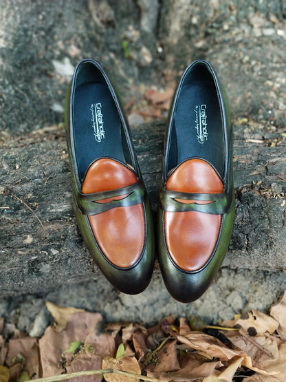 Belgian Loafer with Green & Tan Combination in Leather Sole Patina Finished