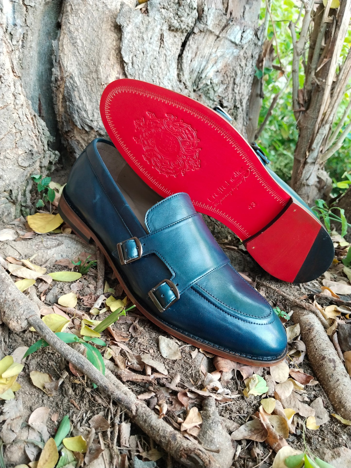 Slip Ons With Double Monk Blue Colour in Leather Sole