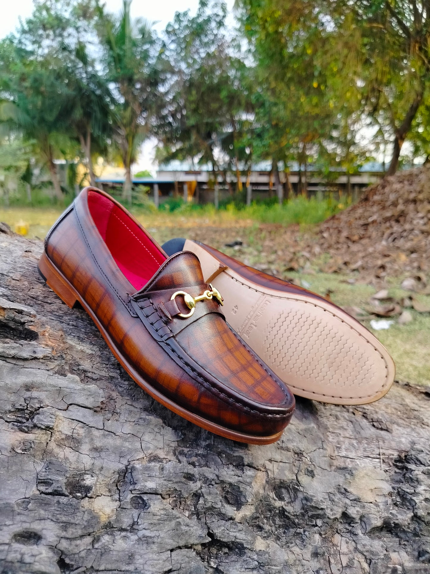 Hand-Painted Checked Moccasins in Leather Sole