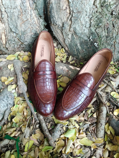 Belgian Loafer in Penny Saddle With Crocodile Print & Leather Sole