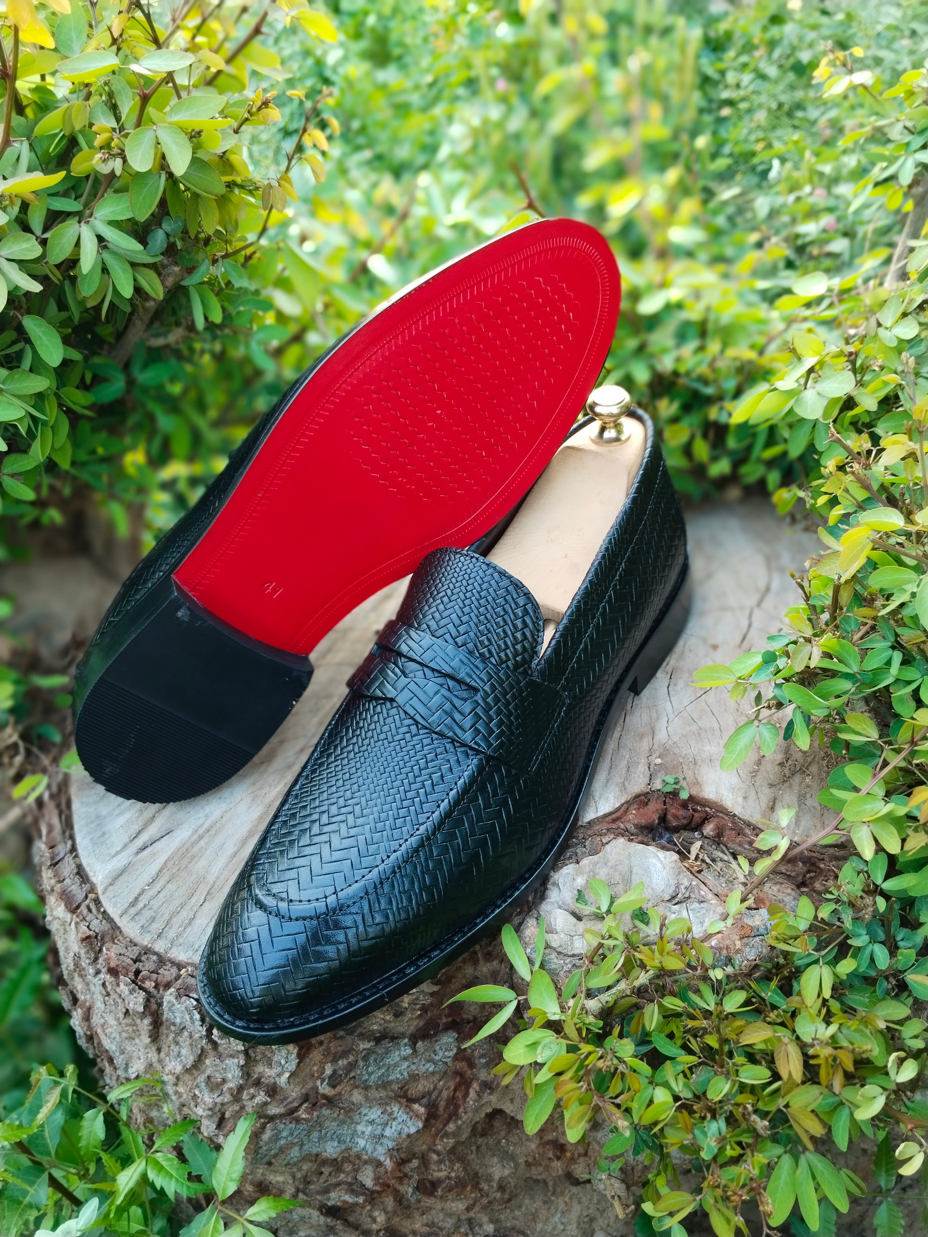 Black Penny Loafer with Meshed Print in Natural Leather with Leather Sole