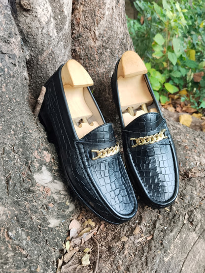 Black Crocodile Moccasins with Gold Colour Chain in Leather Sole