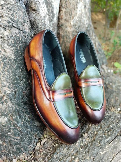 Belgian Loafer Tan With Green Combination in Leather Sole Patina Finished