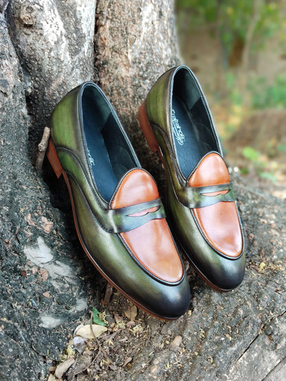 Belgian Loafer with Green & Tan Combination in Leather Sole Patina Finished