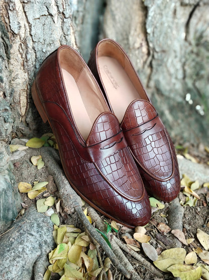 Belgian Loafer in Penny Saddle With Crocodile Print & Leather Sole