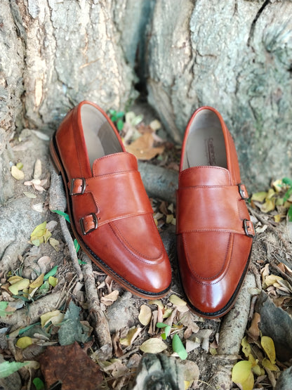 Slip Ons With Double Monk TAN  Colour in Leather Sole