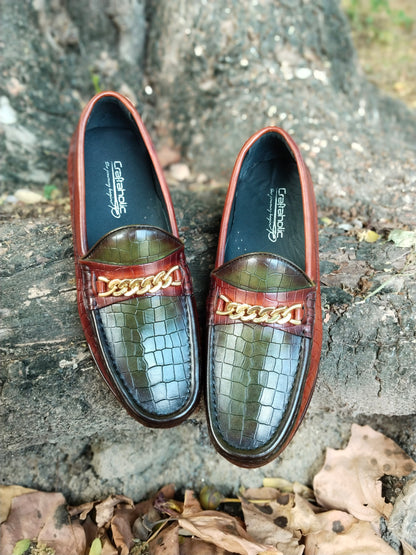 Moccasins Crocodile Printed in Tan & Green Combination in Leather Sole