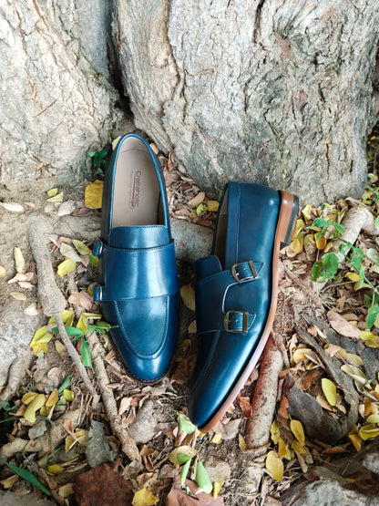 Slip Ons With Double Monk Blue Colour in Leather Sole