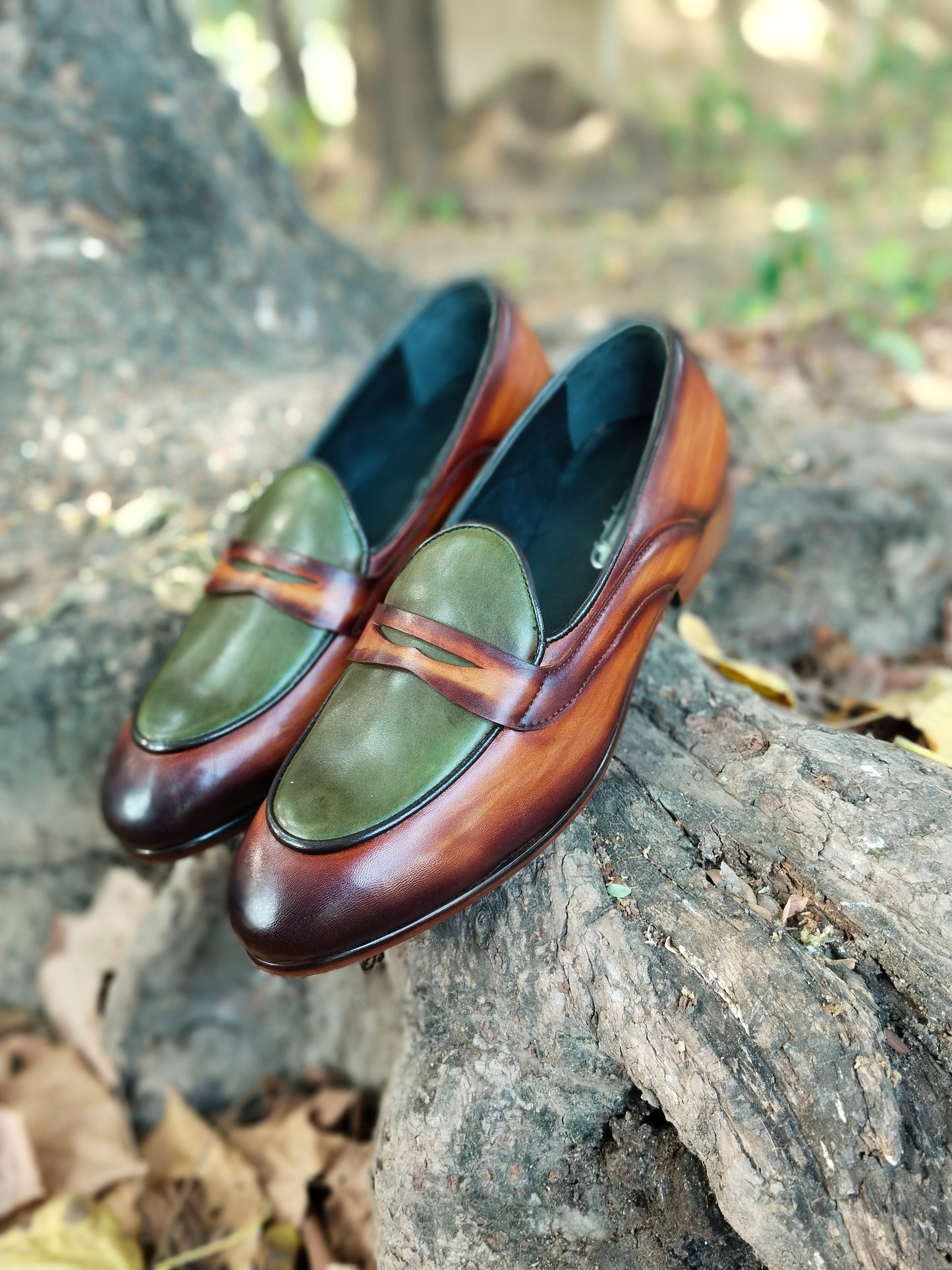 Belgian Loafer Tan With Green Combination in Leather Sole Patina Finished