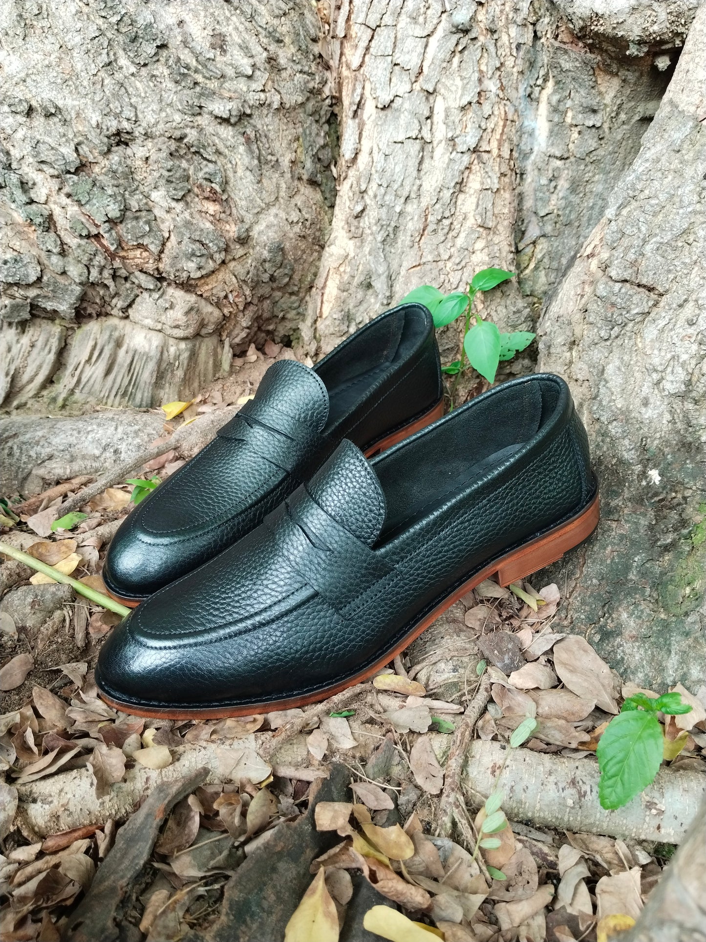 Penny Loafer in Black Natural Milled Leather with Leather Sole