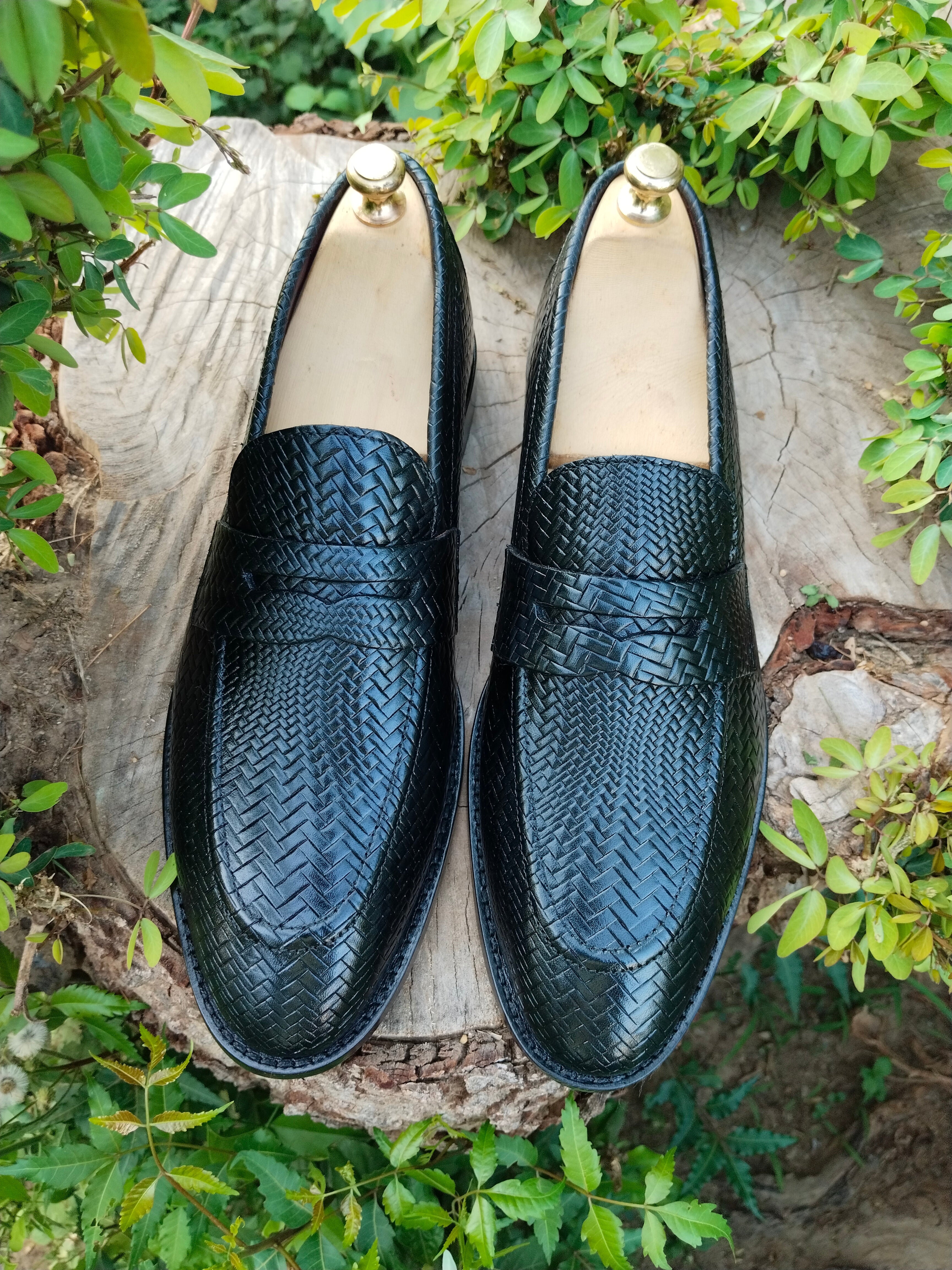 Black Penny Loafer with Meshed Print in Natural Leather with Leather Sole