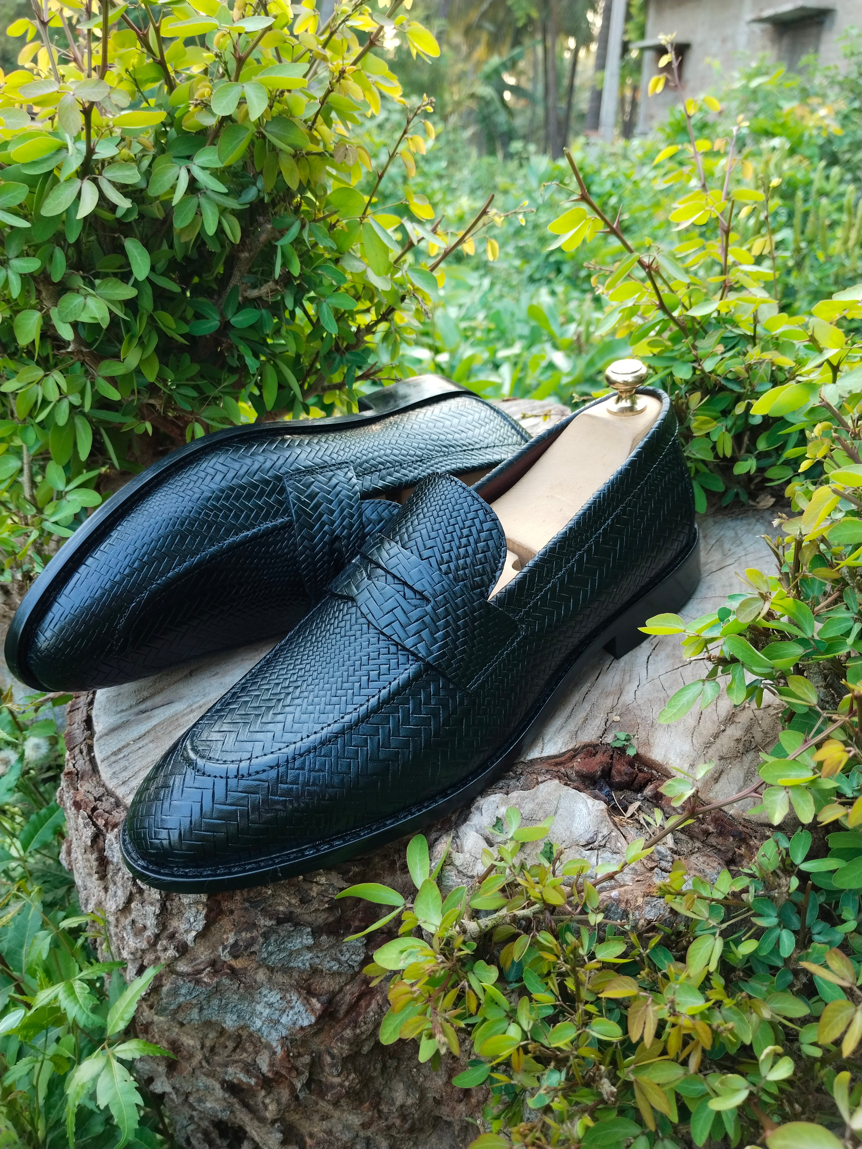 Black Penny Loafer with Meshed Print in Natural Leather with Leather Sole