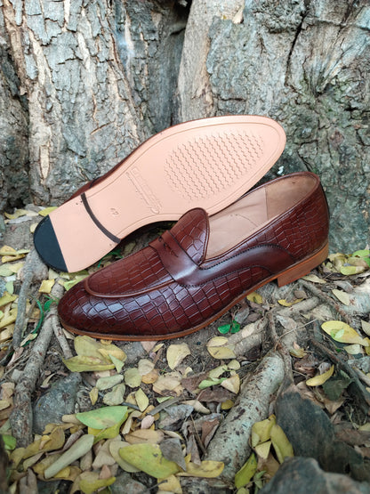 Belgian Loafer in Penny Saddle With Crocodile Print & Leather Sole