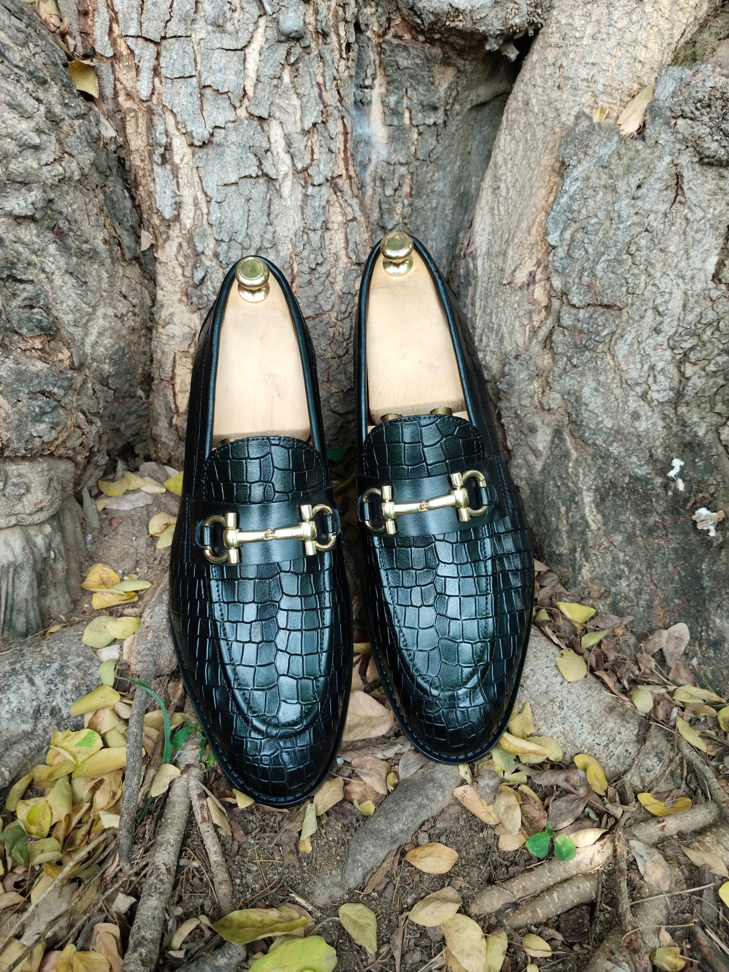 Black Crocodile Print Slipons With Buckle in Leather Sole