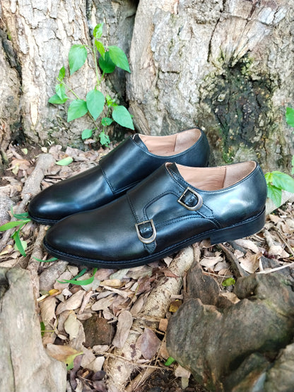 Double Monk Black in Leather Sole