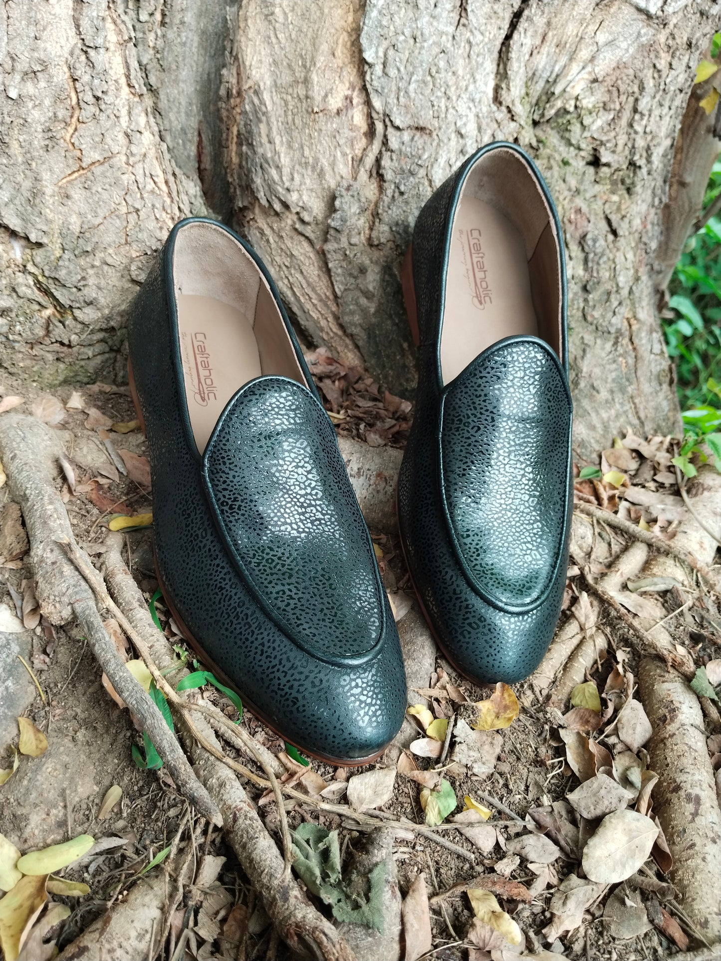 Luxury Foil Print Belgian Loafers in Leather Sole