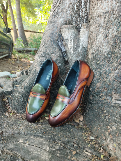 Belgian Loafer Tan With Green Combination in Leather Sole Patina Finished