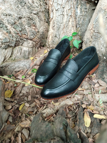 Penny Loafer in Black Natural Milled Leather with Leather Sole