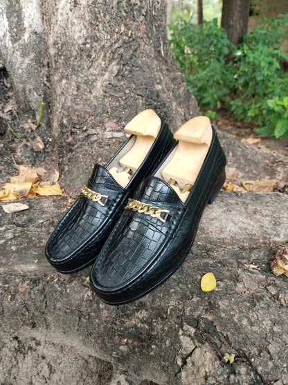 Black Crocodile Moccasins with Gold Colour Chain in Leather Sole