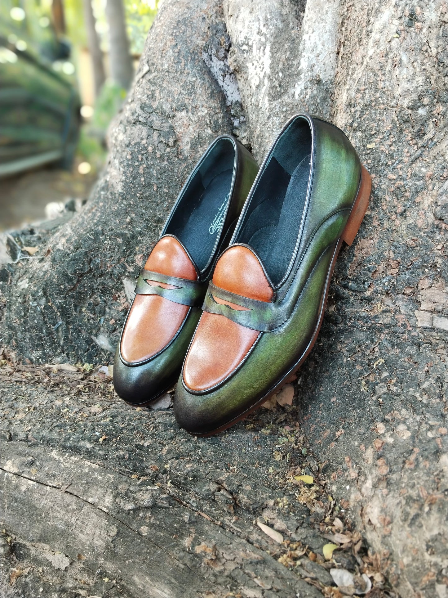 Belgian Loafer with Green & Tan Combination in Leather Sole Patina Finished