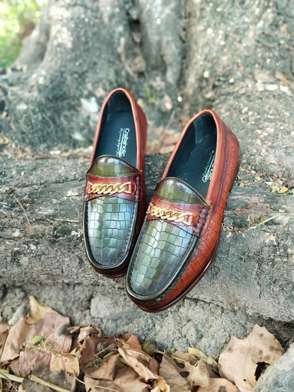 Moccasins Crocodile Printed in Tan & Green Combination in Leather Sole