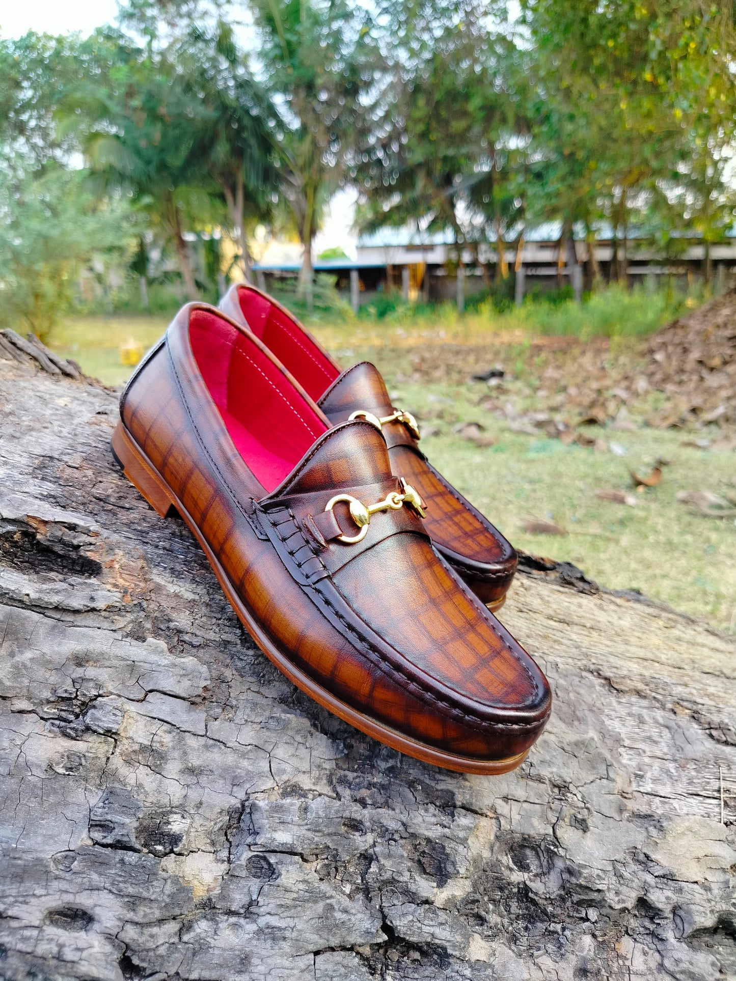 Hand-Painted Checked Moccasins in Leather Sole