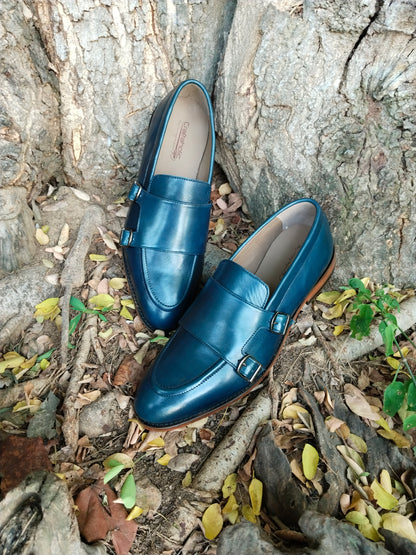 Slip Ons With Double Monk Blue Colour in Leather Sole