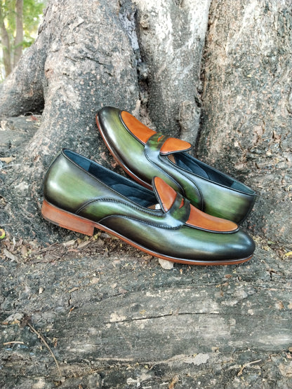 Belgian Loafer with Green & Tan Combination in Leather Sole Patina Finished