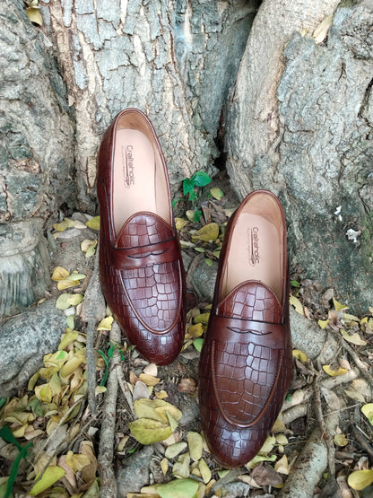 Belgian Loafer in Penny Saddle With Crocodile Print & Leather Sole